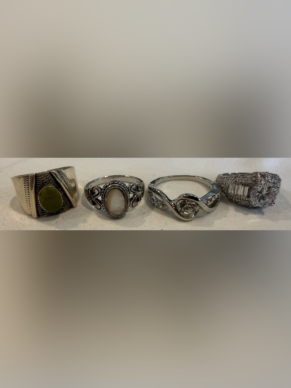 Silver Tone Mixed Stone Ring Set - Silver and Cream Accents